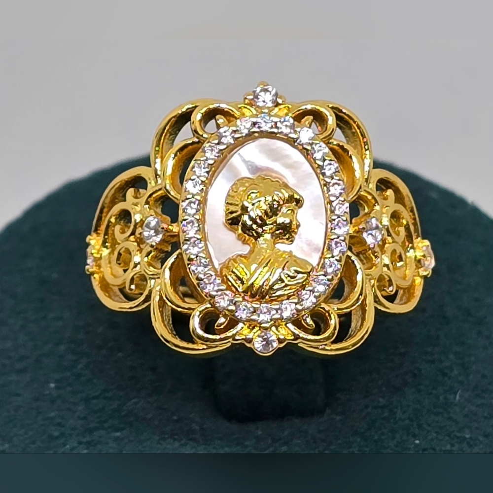 Victorian Style Gold Tone Mother Of Pearl Cameo Ring with Clear Crystal  Accents
